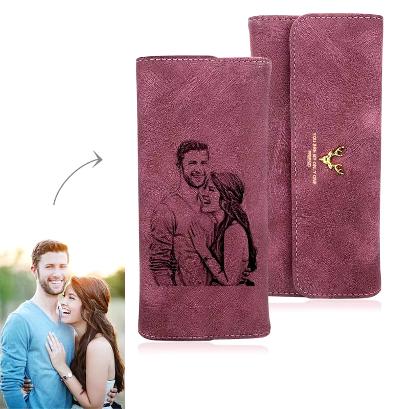 Women'S Photo Engraved Trifold Photo Wallet Women'S Wallet Long Scrub Retro Multi-Function Clasp Clutch Cover High Capacity