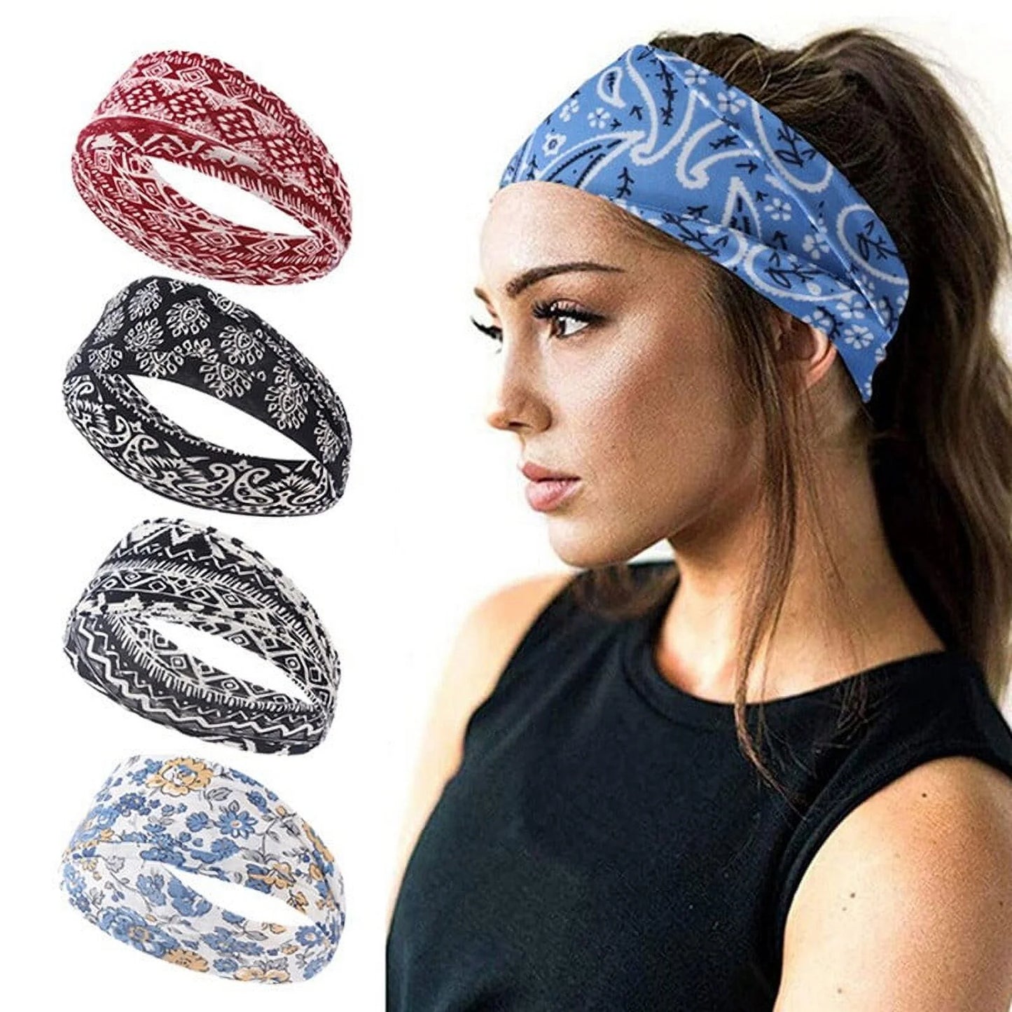 4PCS Boho Headbands for Women,  Vintage Bandana Flower Printed Head Wrap Twisted Hair Accessories