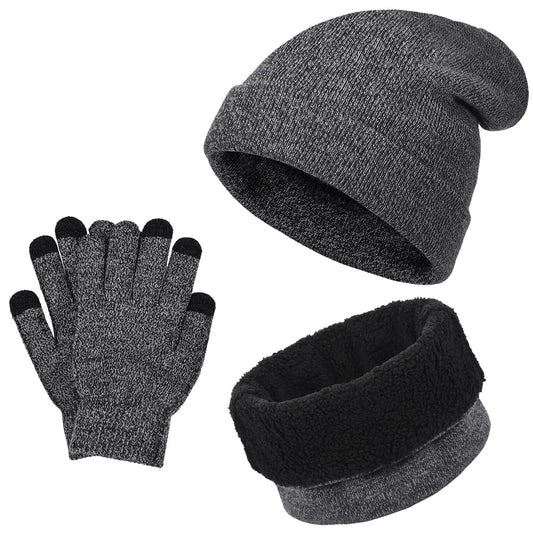 Winter Beanie Hat Scarf Touchscreen Gloves Set for Men and Women, Beanie Gloves Neck Warmer Set with Warm Knit Fleece Lined, Gray