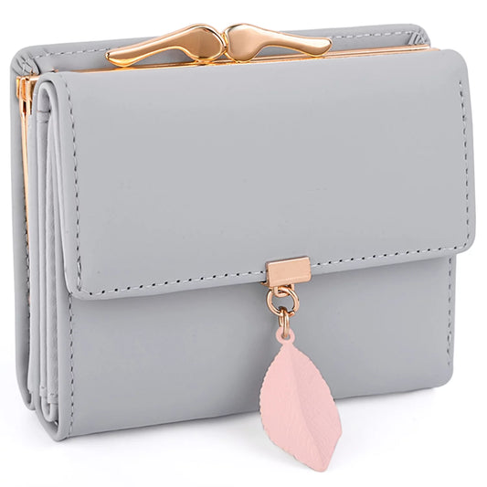 Small Wallet for Women PU Leather RFID Blocking Card Holder Zipper Coin Purse with Leaf Pendant(Khaki)