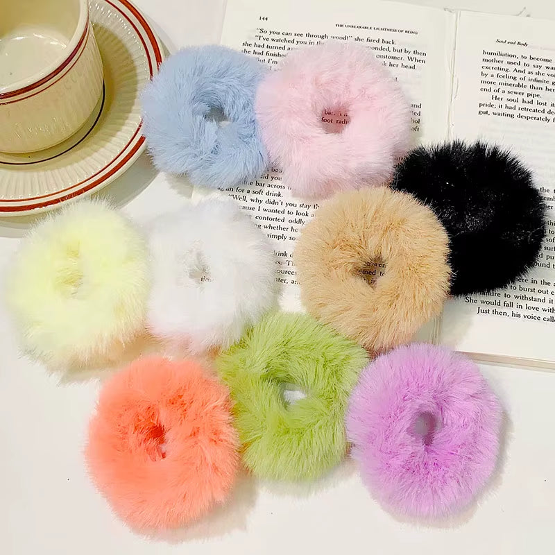 New Colorful Fluffy Hair Band for Women Girls Ponytail Holder Hair Tie Plush Scrunchie Rubber Band Fashion Hair Accessories