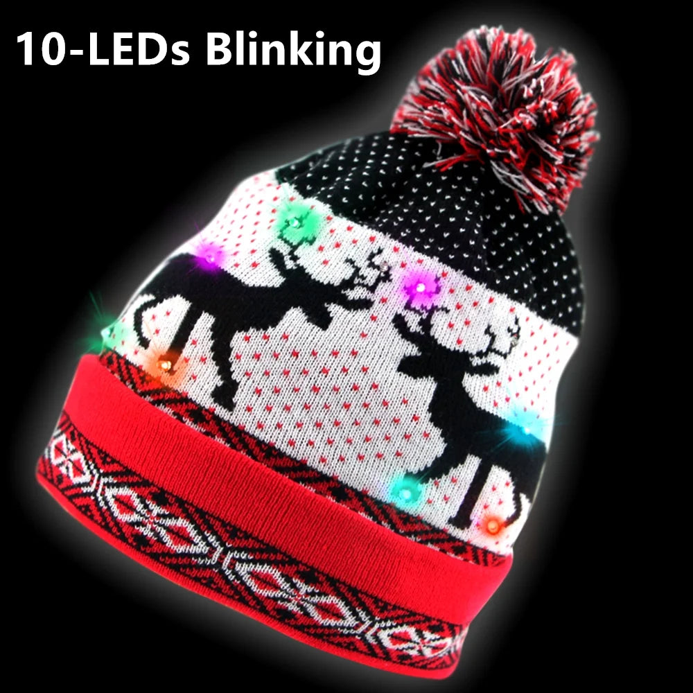 10-LED Light up Santa Beanie Hat Christmas Hat for 6 Year+ Girl Boy, Adult Warm Knitted Flashing Lamp Cap for Children Adult Xmas New Year Home Party Gift