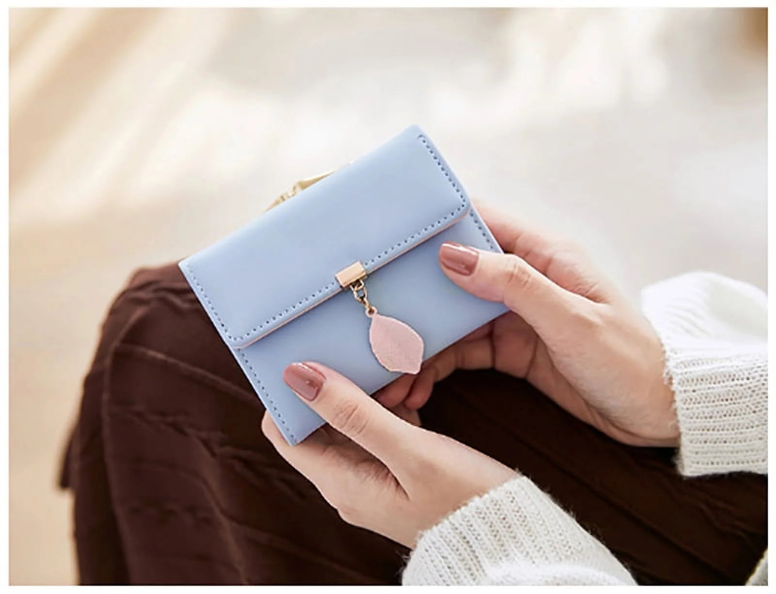 Small Wallet for Women PU Leather RFID Blocking Coin Purse Card Holder Trifold Ladies Purse Leaf Pendant(Light Blue)